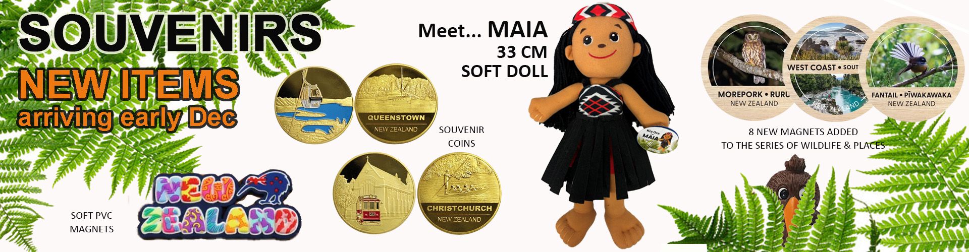 New souvenirs, maori soft doll, coins, magnets