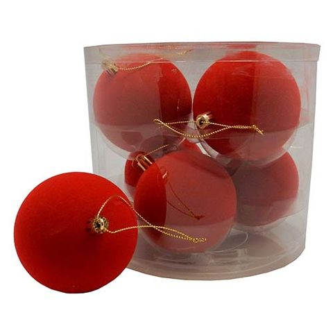 XMAS FLOCKED BAUBLES 8CM RED 6PC
