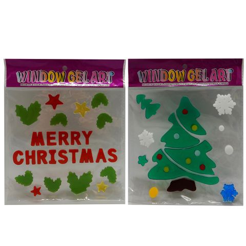 XMAS WINDOW GEL DECOR 20X20CM 2 ASST