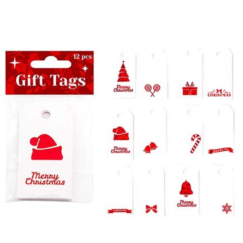 XMAS GIFT TAGS WHITE W RED FOIL 9CM 12PC^