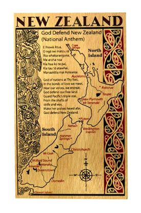 POSTCARD WOODEN NZ MAP & NAT ANTHEM