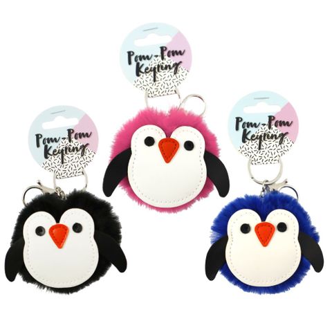 POM POM PENGUIN KEYRING 8CM 3ASST