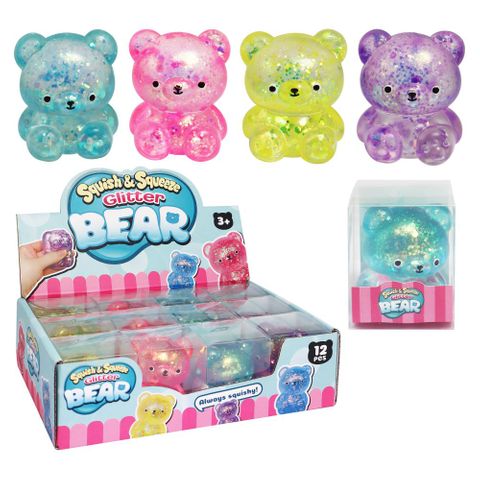 SQUEEZE GLITTER BEAR 55MM 4ASST