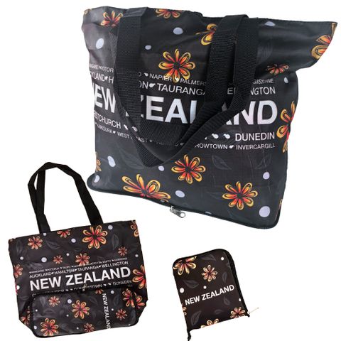 *FOLDAWAY ZIP SHOPPING BAG BLACK FLOWERS