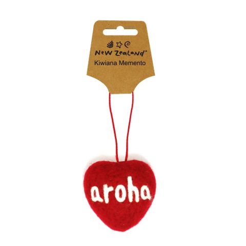 HANGING WOOL ORNAMENT NZ AROHA HEART 7CM