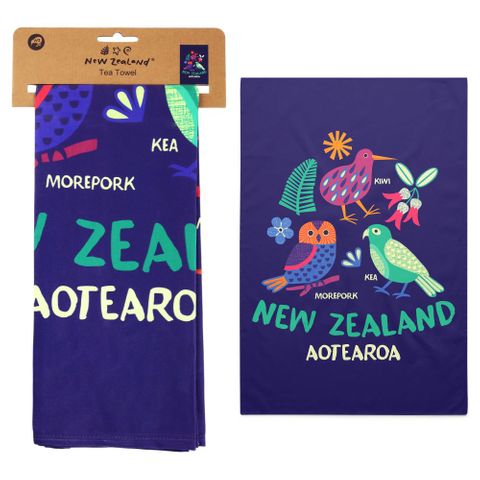 TEA TOWEL NZ NATIVE BIRDS NAVY BLUE 50X70CM