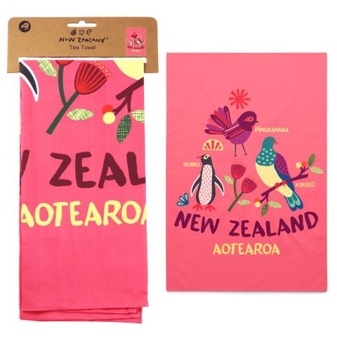 TEA TOWEL NZ BIRD LIFE PEACH 50X70CM