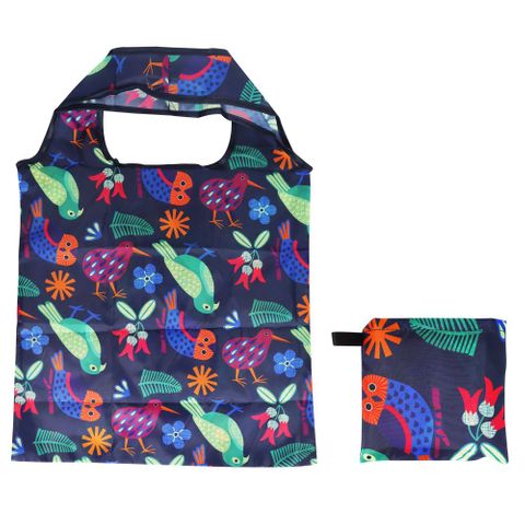 SHOPPING BAG FOLDABLE NZ NATIVE BIRDS NAVY BLUE
