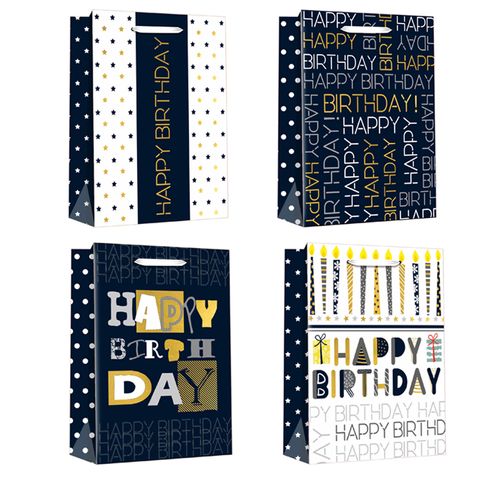 GIFT BAG HAPPY BIRTHDAY NAVY & GOLD MED 4 ASSTD