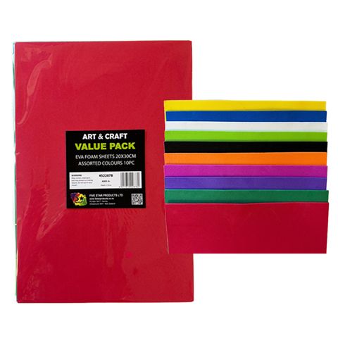 EVA FOAM SHEETS 20X30CM ASST'D COLOURS 10PC