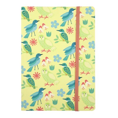 NOTEBOOK YELLOW W/ELASTIC NZ BIRDS A5 192PGS