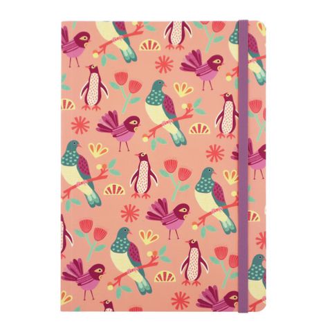 NOTEBOOK PEACH W/ELASTIC NZ BIRDS A5 192PGS