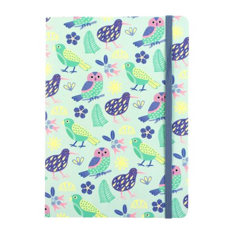 NOTEBOOK TEAL W/ELASTIC NZ BIRDS A5 192PGS