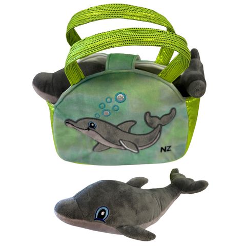 PLUSH DOLPHIN IN HANDBAG 20X16CM