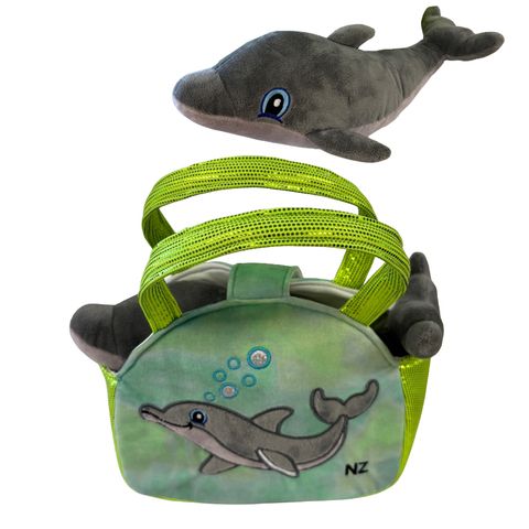 PLUSH DOLPHIN IN HANDBAG 20X16CM