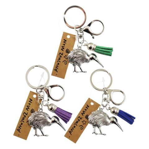 KEYRING METAL NZ KIWI W/TASSEL CHARM 3ASST