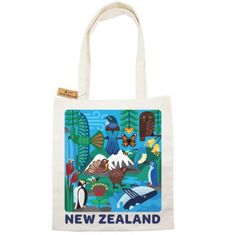COTTON TOTE BAG NZ COLOURFUL KIWIANA 40CM