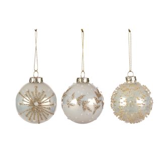 Glass Bauble 6cm Pearl White/Gold 3 Asst