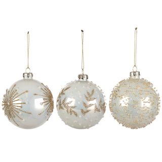 Glass Bauble 8cm Pearl White/Gold 3 Asst