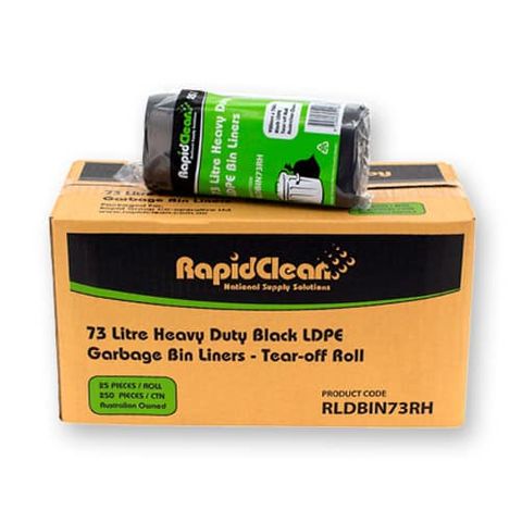 RAPIDCLEAN 73LT HEAVY DUTY BLACK BIN LINER ROLLS CARTON OF 250