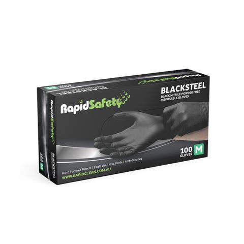 RAPIDSAFETY BLACKSTEEL NITRILE GLOVES BLACK MEDIUM PACK OF 100
