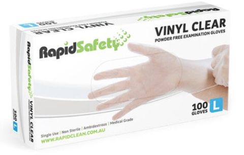 RAPIDSAFETY CLEAR VINYL POWDER FREE GLOVES LARGE 100 PACK