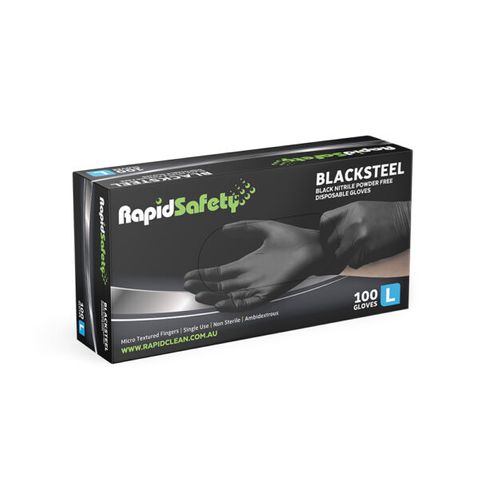 RAPIDSAFETY BLACKSTEEL NITRILE GLOVES BLACK LARGE PACK OF 100