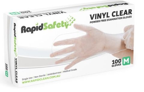 RAPIDSAFETY CLEAR VINYL POWDER FREE GLOVES MEDIUM 100 PACK