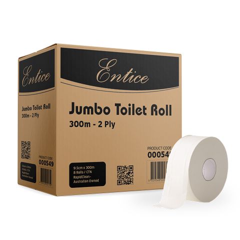 RAPIDCLEAN ENTICE 2 PLY 300M JUMBO TOILET ROLL x 8