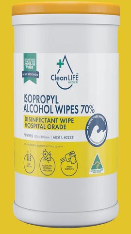 CLEANLIFE ISOPROPYL ALCOHOL WIPES 70% TUB OF 75