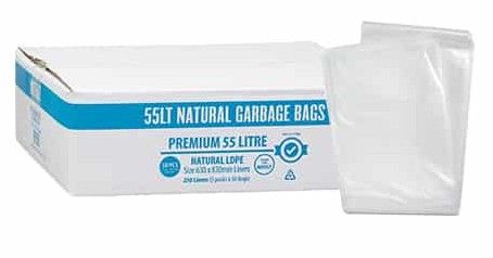 55L NATURAL LDPE BIN LINERS 630mm x 830mm BOX OF 250