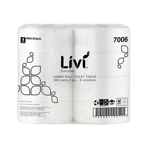 LIVI 2 PLY JUMBO TOILET PAPER 8x300MT ROLLS