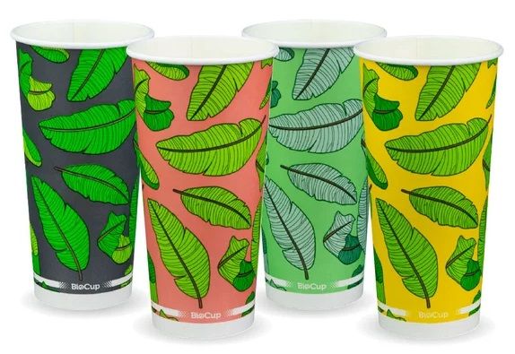 BIOPAK Mixed Colour Leaf Design Cold Paper BioCup 22oz 20 x 50