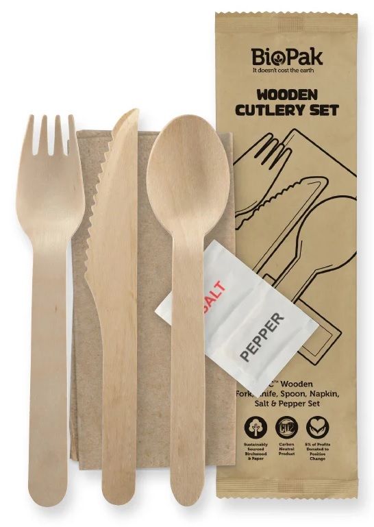 BIOPAK Wooden Knife/Fork/Spoon/Napkin/Salt/Pepper 16cm 4x100