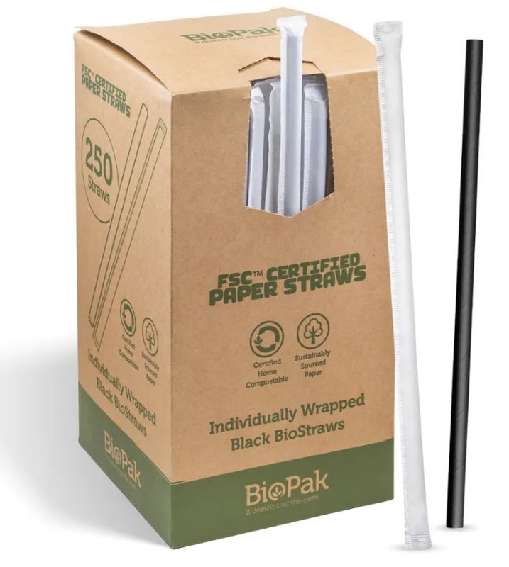 BIOPAK BioStraws 7 x 210mm Paper Black Wrapped (2500)
