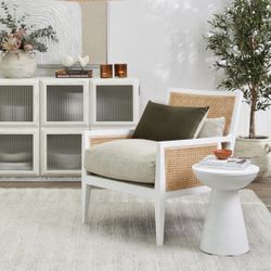 Kane White Rattan Arm Chair - Natural Linen - OUTLET NSW