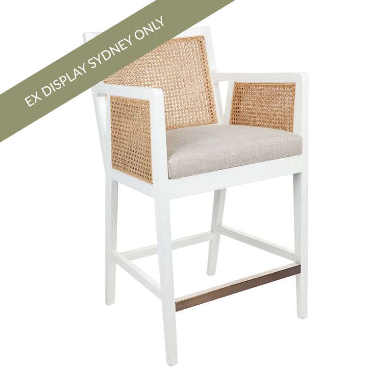 Kane White Rattan Kitchen Stool - Natural Linen - OUTLET NSW