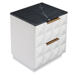 Benedict White Oak Bedside Table - Black Marble