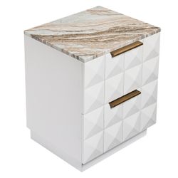Benedict White Oak Bedside Table - River Brown Marble
