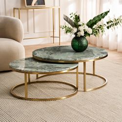 Chloe Dusty Jade Marble Nesting Coffee Table - Gold