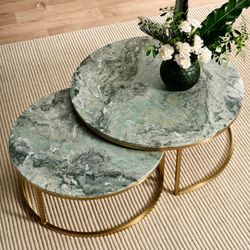 Chloe Dusty Jade Marble Nesting Coffee Table - Gold
