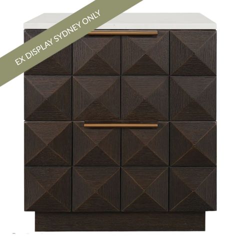 Benedict 53x62.5cm Smoked Oak Bedside Table - White Marble - OUTLET NSW