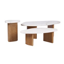 Solstice Ivory Cloud Marble Tables Set of 3 - Oak