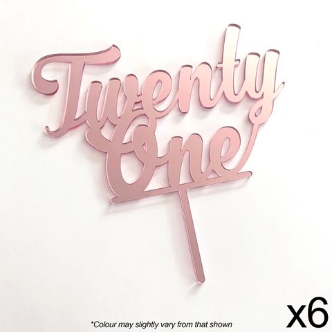 CAKE CRAFT | 6 PACK | NUMBER TWENTY ONE | ROSE GOLD MIRROR | ACRYLIC TOPPER