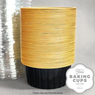 CAKE CRAFT | FOIL BAKING CUP WITH LID | ROUND | BLACK & GOLD | 50 PACK