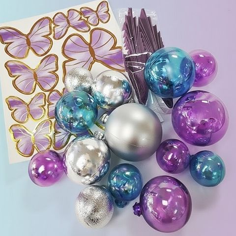 BLUE, PURPLE & SILVER | DECO BALL, FAN & BUTTERFLY TOPPER | 27 PC SET