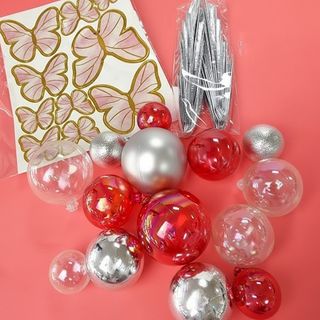 CLEAR, RED & SILVER | DECO BALL, FAN & BUTTERFLY TOPPER | 27 PC SET