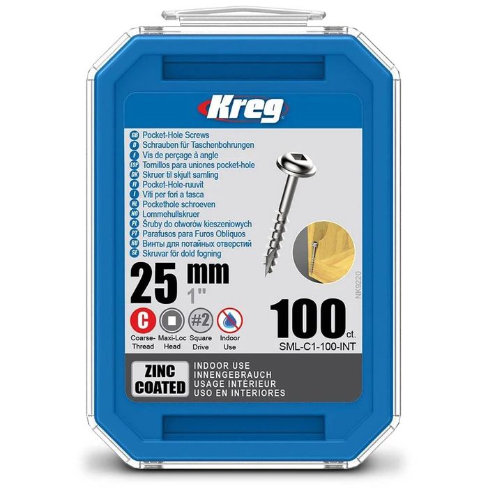 Kreg Pocket Hole Screws - 25mm Coarse/MaxiLoc Head - Zinc - 100 pack