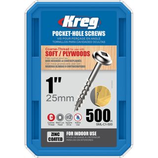 Kreg Pocket Hole Screws - 25mm Coarse/MaxiLoc Head - Zinc - 500 pack