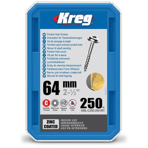 Kreg Pocket Hole Screws - 64mm Coarse/MaxiLoc Head - Zinc - 250 pack